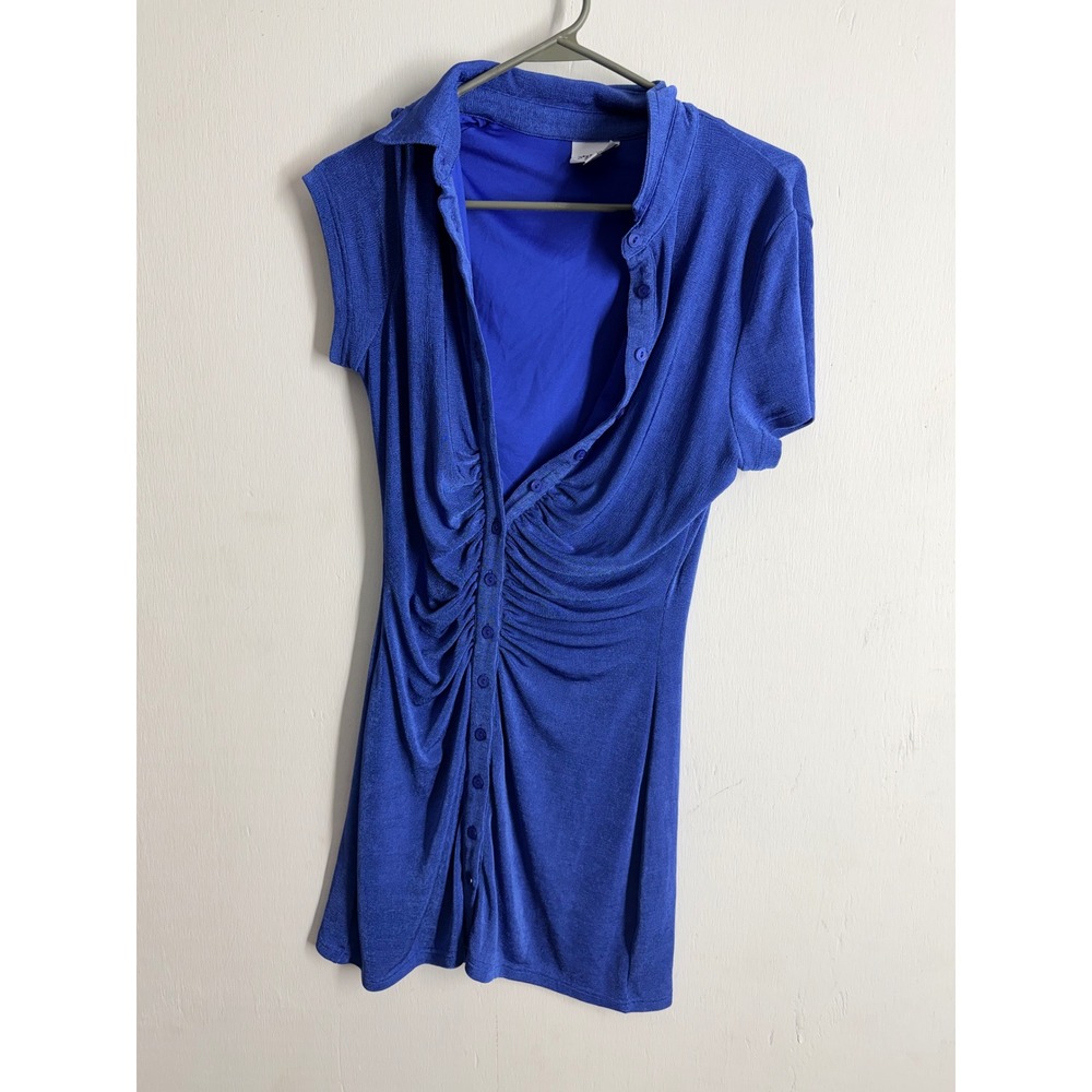 Sky to Moon Royal Blue Ruched Mini Dress Button Front Slinky Bodycon M